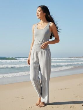 🌺Hawaii brand Mahina Striped Wide Leg Beach Pants Gray White Medium🌺
